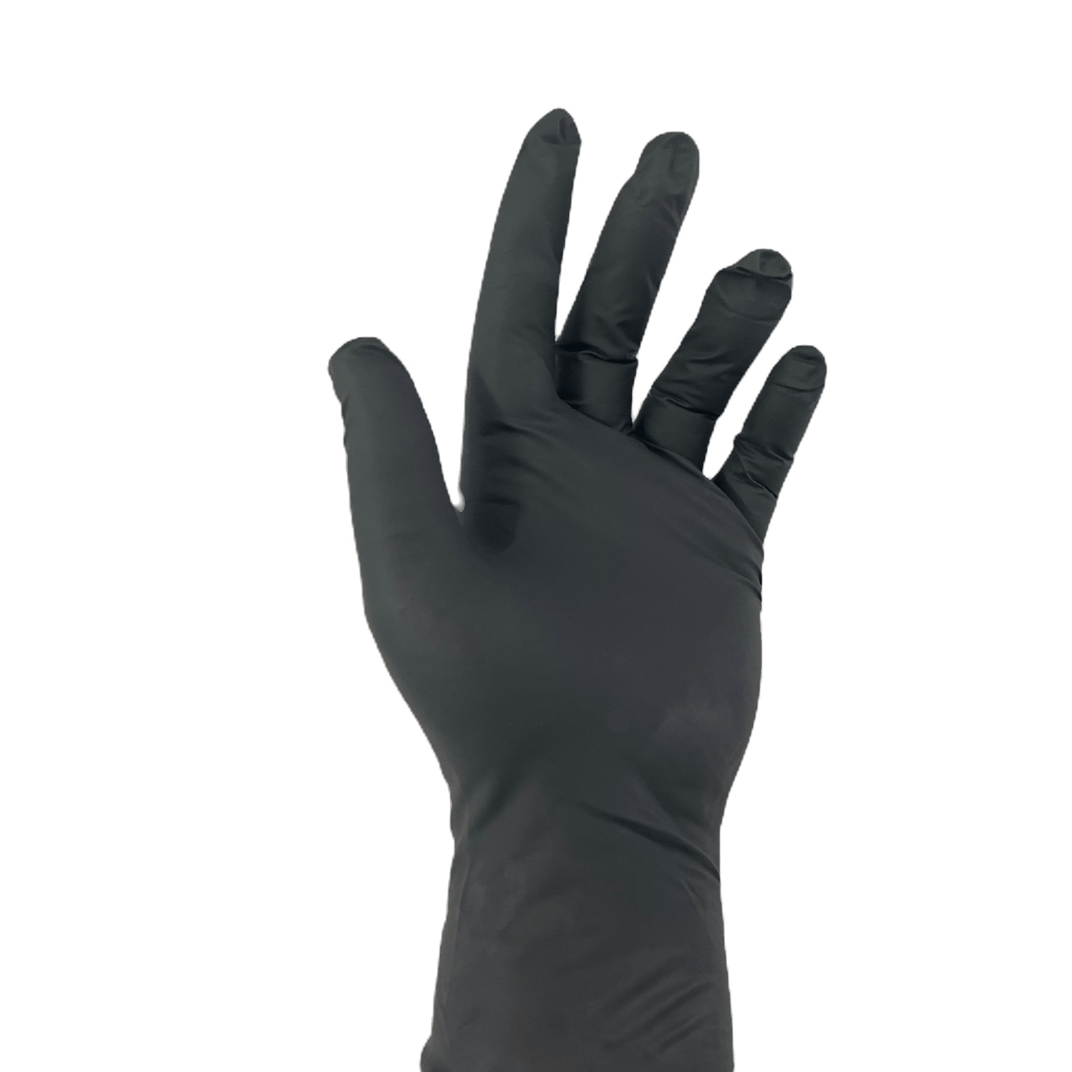 black nitrile glove on left hand